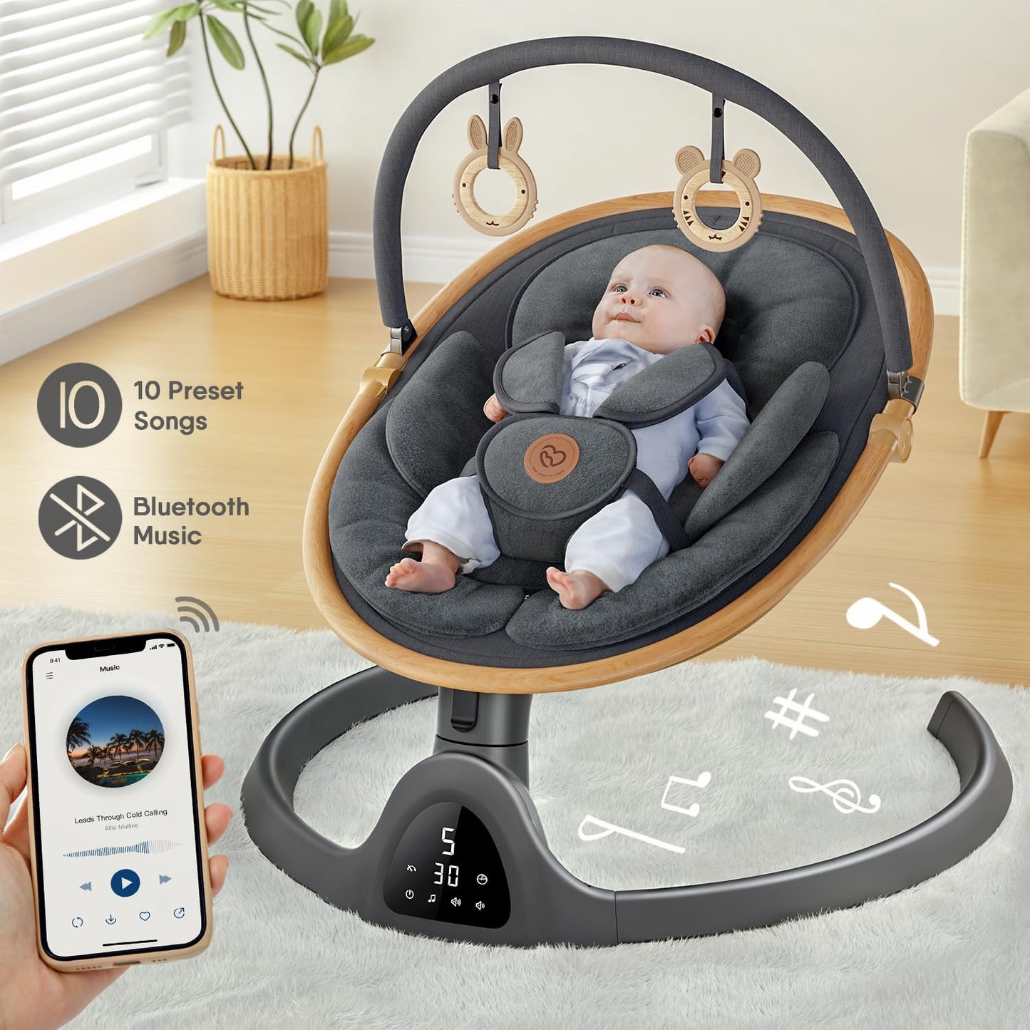 Baby Swings for Infants, Bluetooth Infant Swing with Music Speaker with 3 Seat Positions, 5 Speeds and Remote Control - Portable Baby Swing for Indoor and Outdoor (Black)