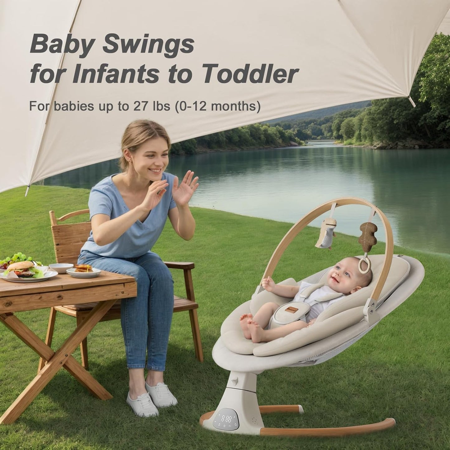 Baby Swings for Infants,  Baby Swing, Bluetooth Infant Swing with Music Speaker, 5 Speeds and Remote Control, Indoor & Outdoor Use (Beige)
