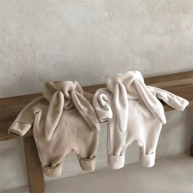 Autumn Winter Girl Baby Fleece Cute Rabbit Ears Cardigan Romper Boy Infant Solid plus Velvet Warm One-Piece Kid Casual Jumpsuit