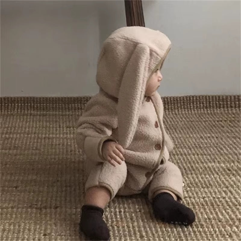 Autumn Winter Girl Baby Fleece Cute Rabbit Ears Cardigan Romper Boy Infant Solid plus Velvet Warm One-Piece Kid Casual Jumpsuit