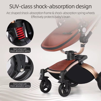 Baby Stroller 3 in 1 Pu Leather Baby Carriage with Car Seat Travel Foldable Newborn Strollers for Baby and Toddler Pram Luxury